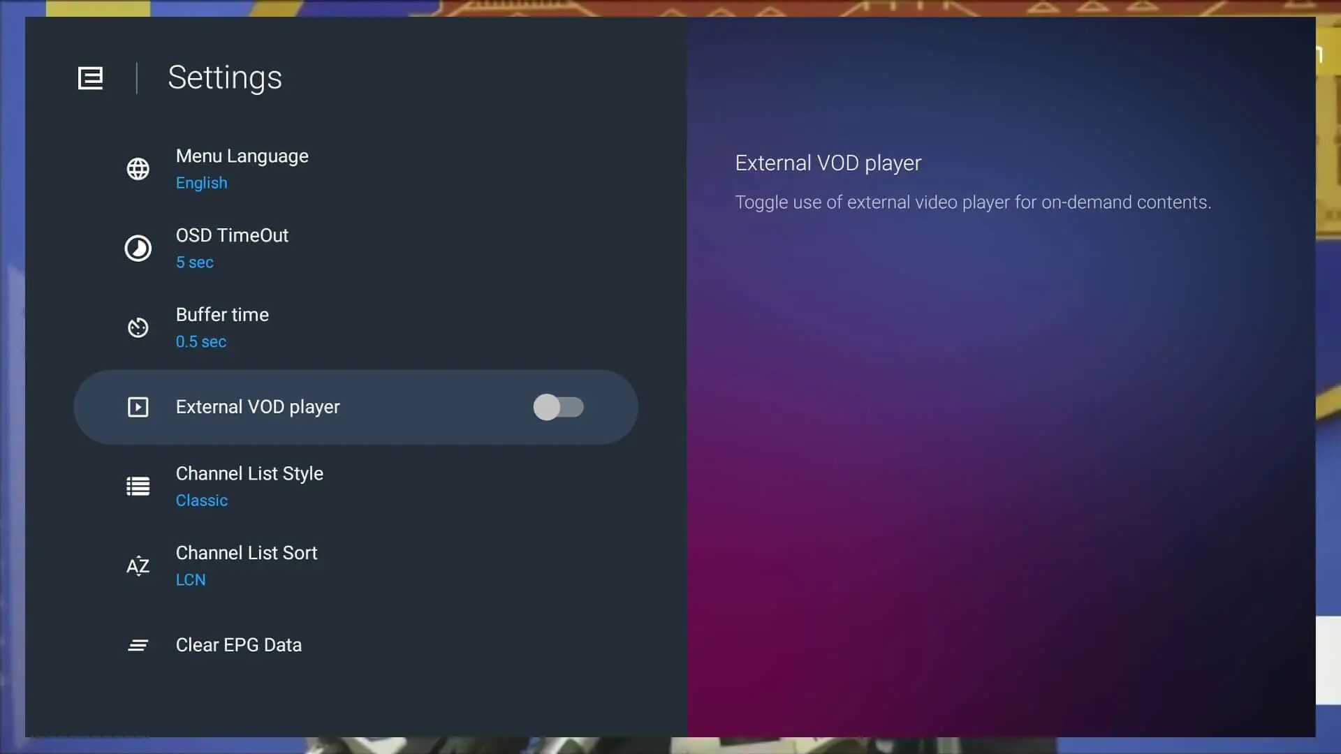 The settings menu inside the MyTVOnline app on a Formuler device.