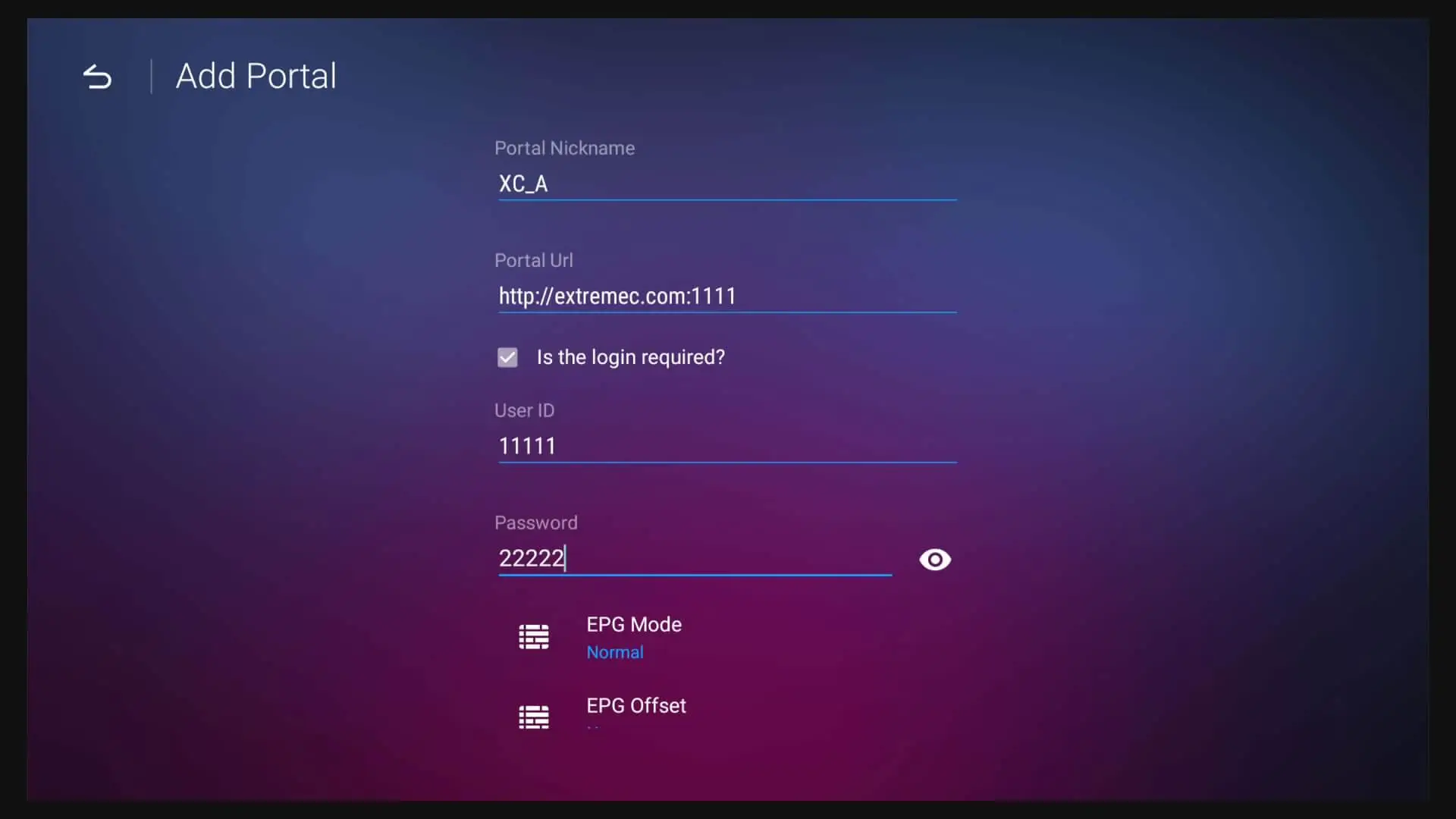The MyTVOnline portal setup screen on a Formuler Box, showing fields for Portal Nickname and URL.